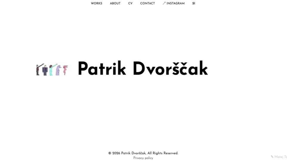 Patrik Dvorščak’s landing page with his name on white and colourful figures.